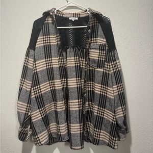 White Birch Black and Cream Knit Shacket With Lace Back